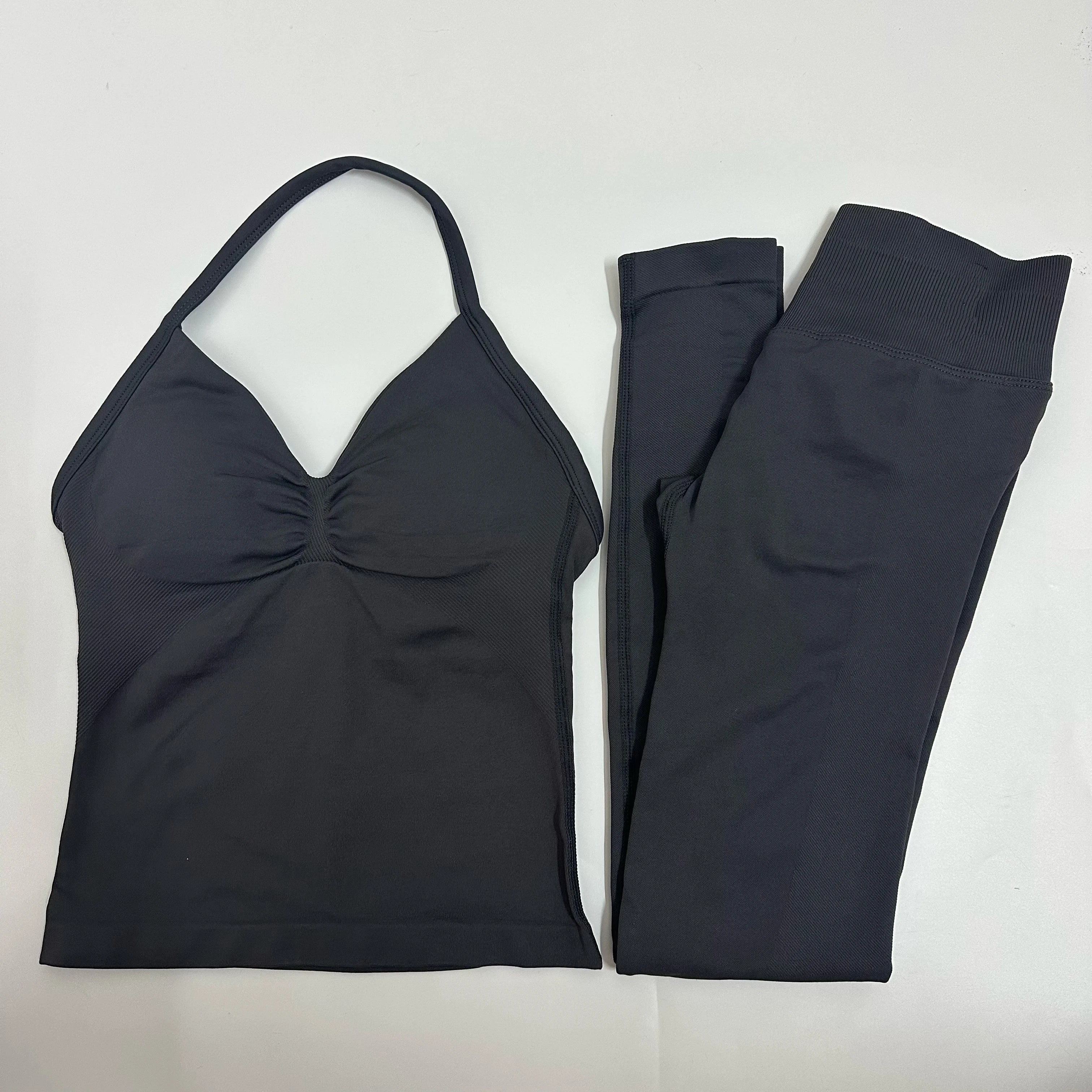 Backless Yoga Set Women Tank Top High Waist Scrunch Leggings Gym Fitness Outfit