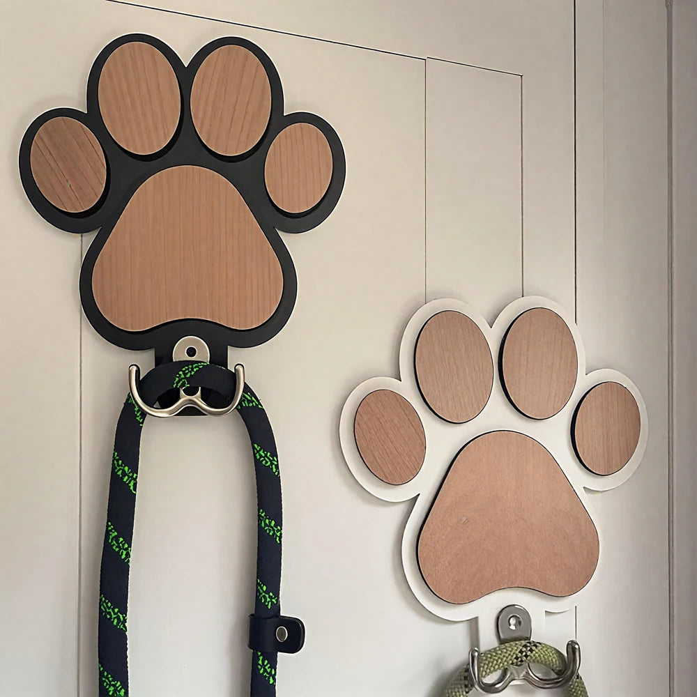 Wooden Dog Leash Holder Paw Print Wall Hook for Collars Coats Organizer