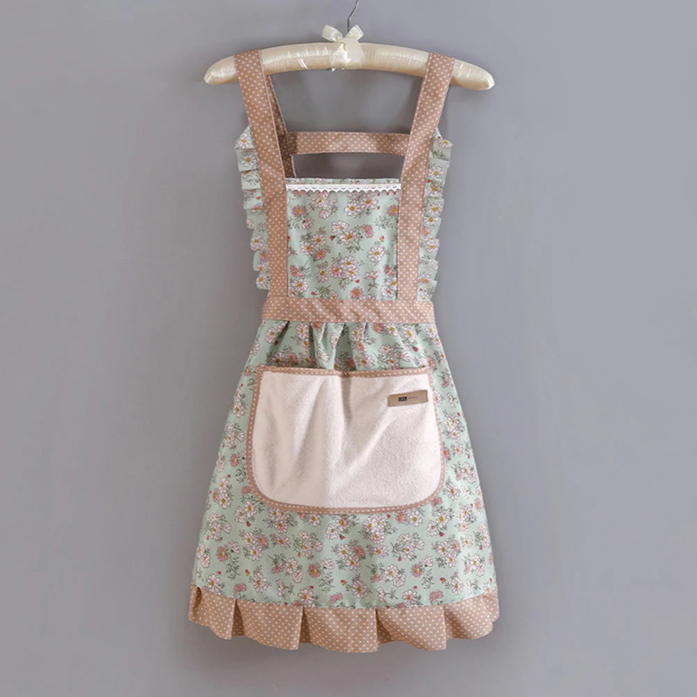 Women Floral Kitchen Apron with Pocket Adjustable Cooking Apron