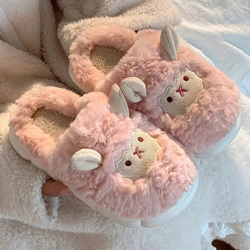 Winter Cartoon Plush Slippers Faux Fur Sheep Design Warm Indoor Couple Home Shoes
