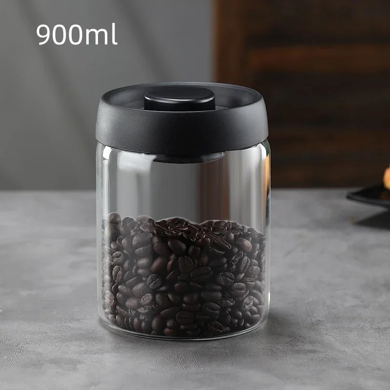 Glass Coffee Bean Storage Jar Vacuum Sealed Moisture Proof Black Lid Canister
