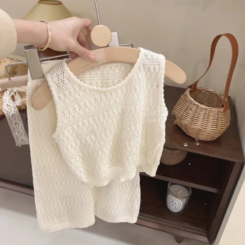 Girls Summer Knit Lace Vest and Wide Leg Pants Set