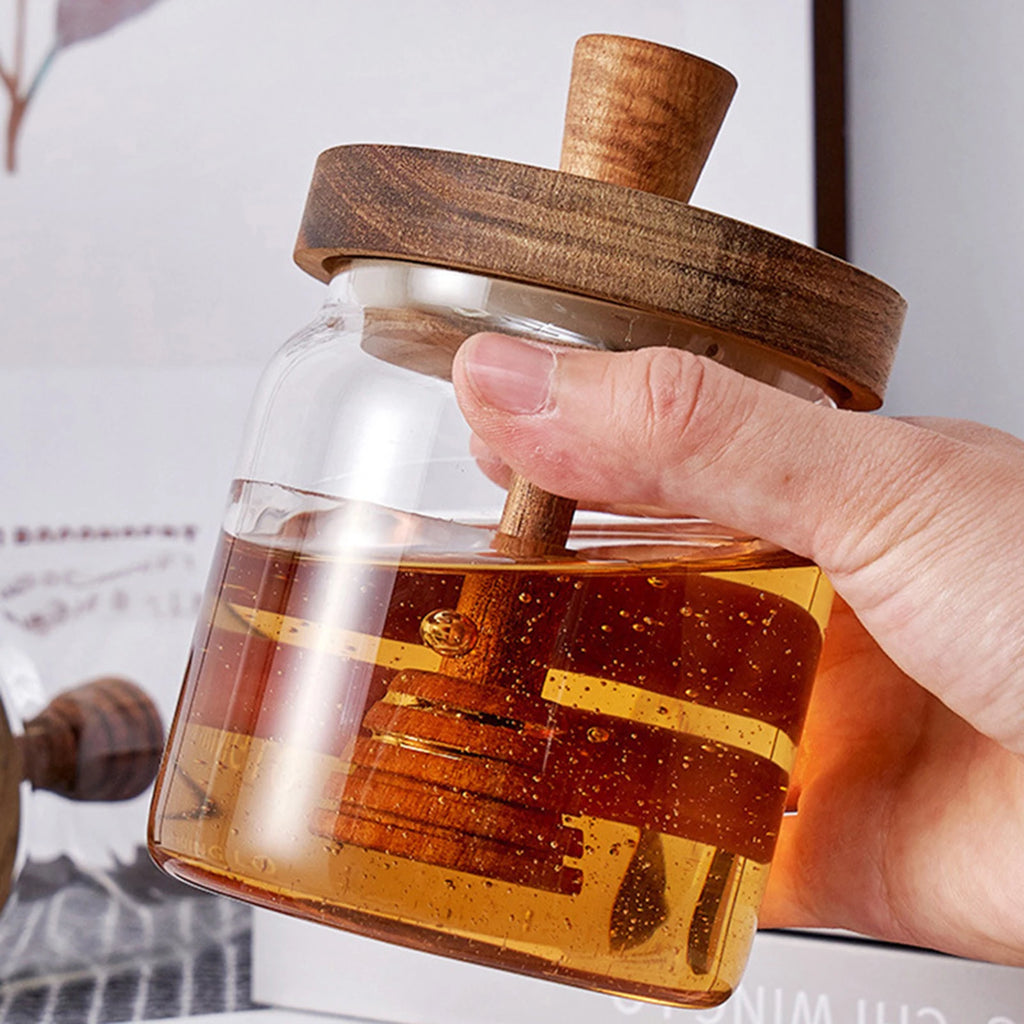 Glass Honey Jar with Dipper Lid Wide Mouth Syrup Dispenser Container