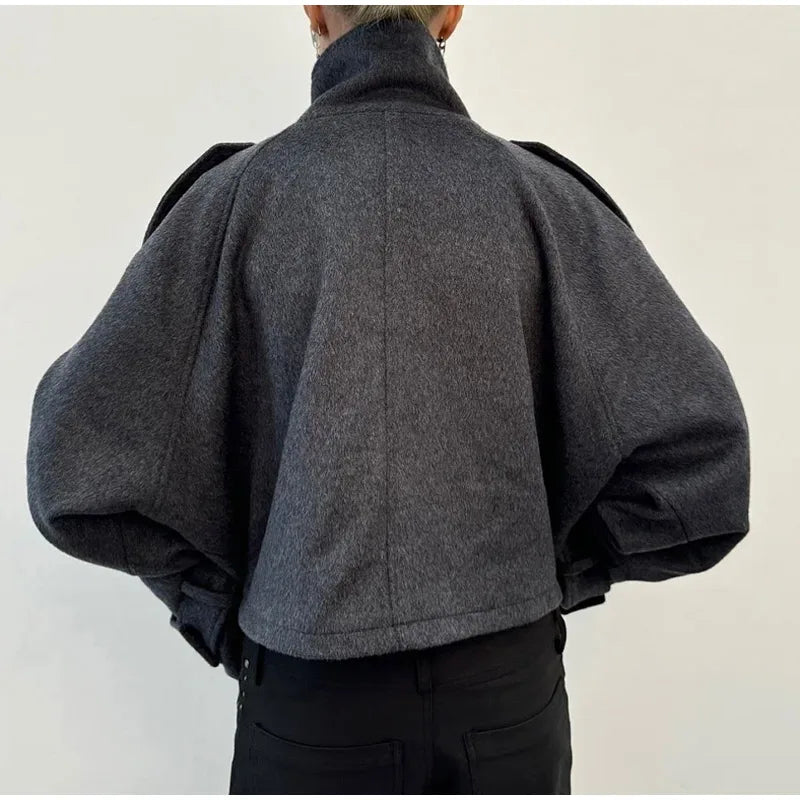 Women Stand Collar Wool Blend Jacket Loose Zip Up Coat