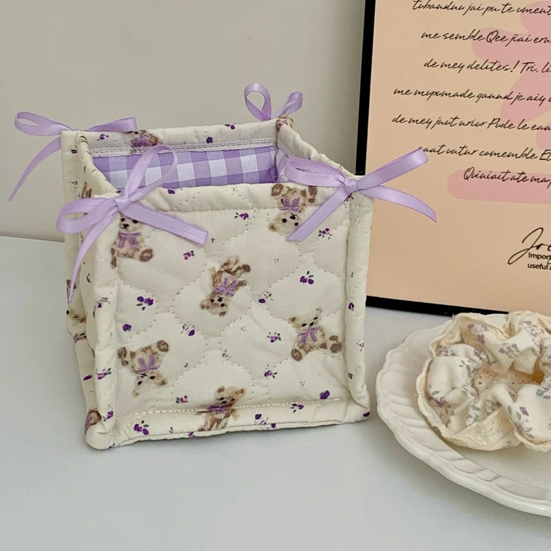 Lace Flower Quilted Square Storage Basket Desktop Organizer Home Decor Basket