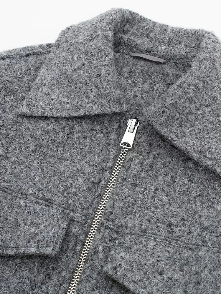 Women Grey Zip Up Jacket Vintage Lapel Long Sleeve Coat with Pockets