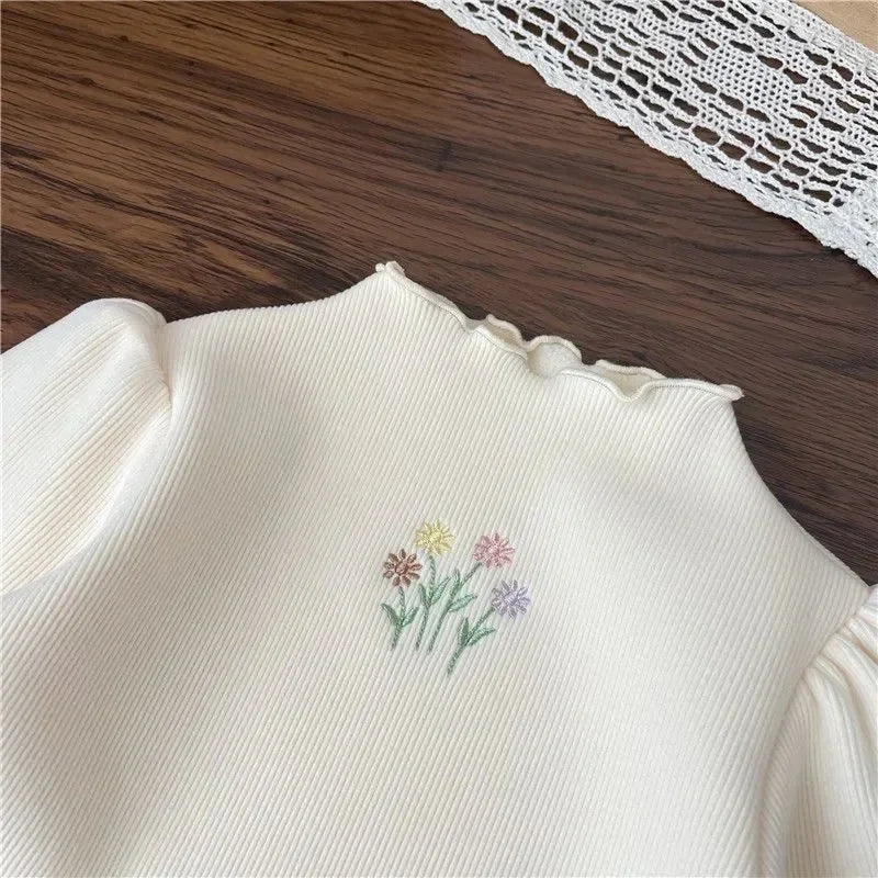 Baby Girls Winter Sweater Puff Sleeve Flower Embroidery Top 1–6 Years