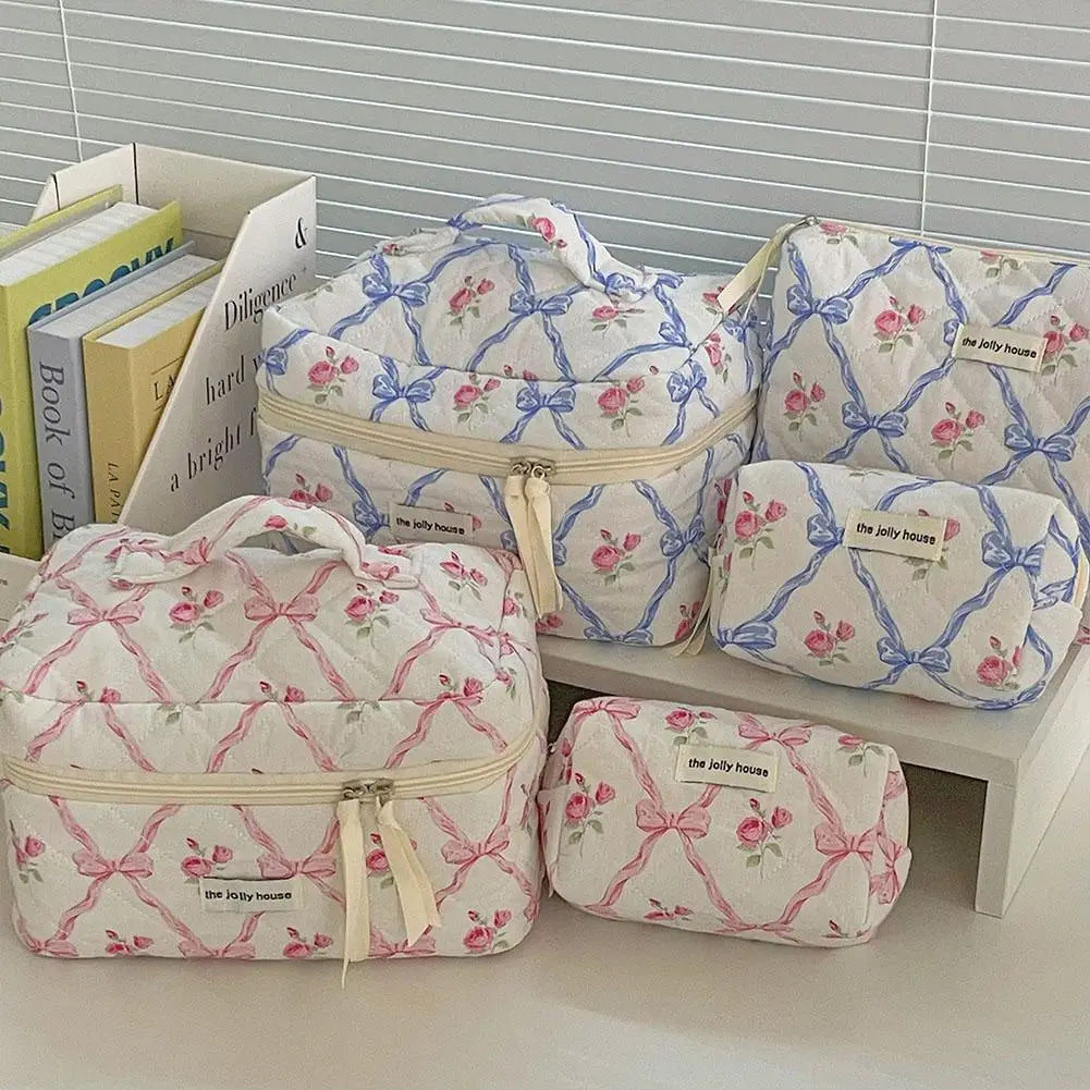 Women Quilted Makeup Bag Cute Bow Flower Zipper Cosmetic Organizer Toiletry Case
