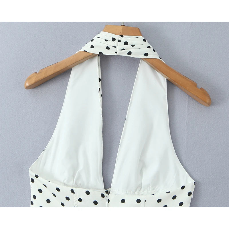 Women Polka Dot Halter Mini Dress Deep V Backless A-Line Summer Dress