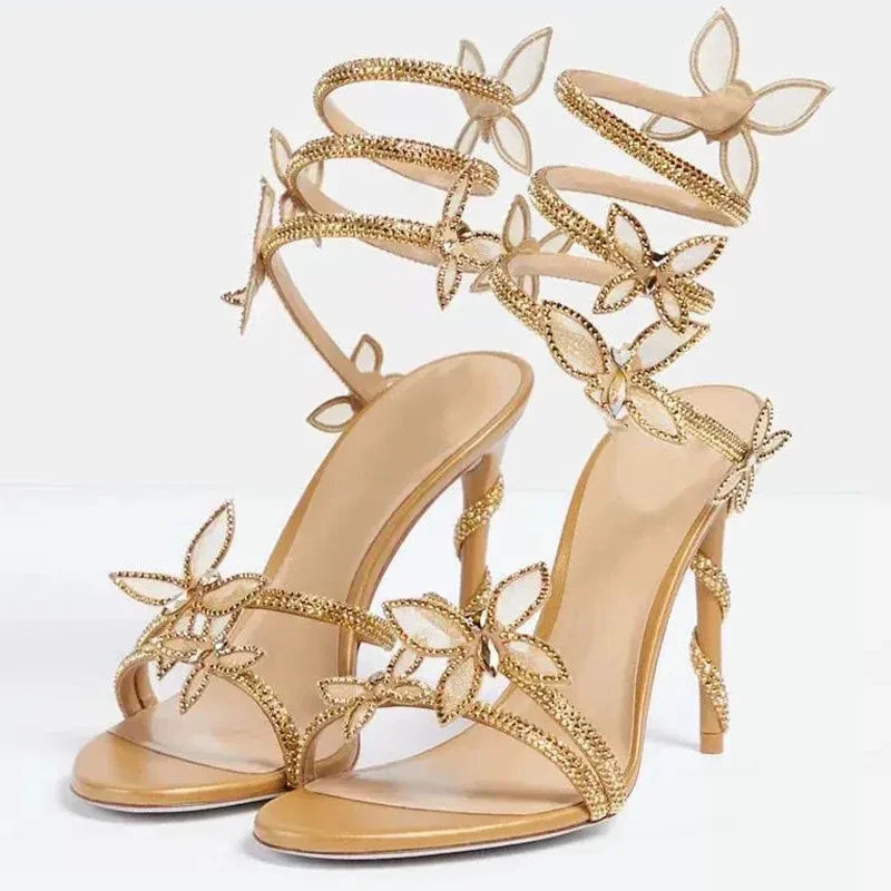 Women Crystal Flower High Heel Sandals Ankle Strap Thin Party Shoes