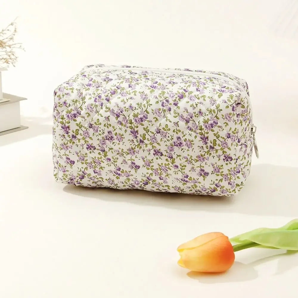 Floral Quilted Zipper Makeup Bag Cosmetic Storage Travel Organizer Pouch