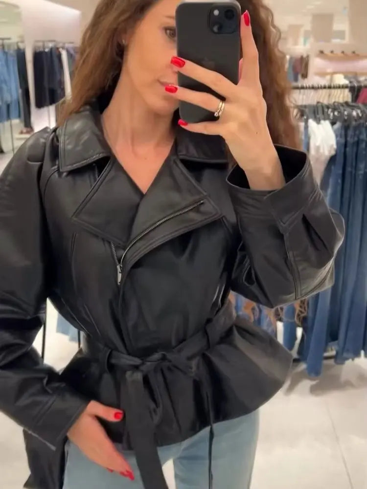 Women Black Faux Leather Trench Coat Belted Long Sleeve Lapel Motorcycle Style Jacket