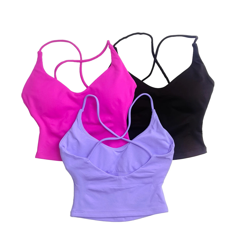 Women Strappy Sports Bra High Support Cross Back Yoga Gym Tank Top