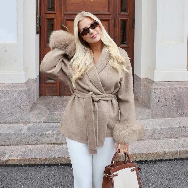 Women Wool Coat Faux Fur Collar Short Double Sided Elegant Jacket