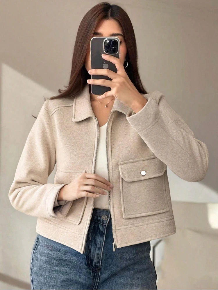 Women Winter Zipper Jacket Long Sleeve Short Coat Elegant Street Outerwear