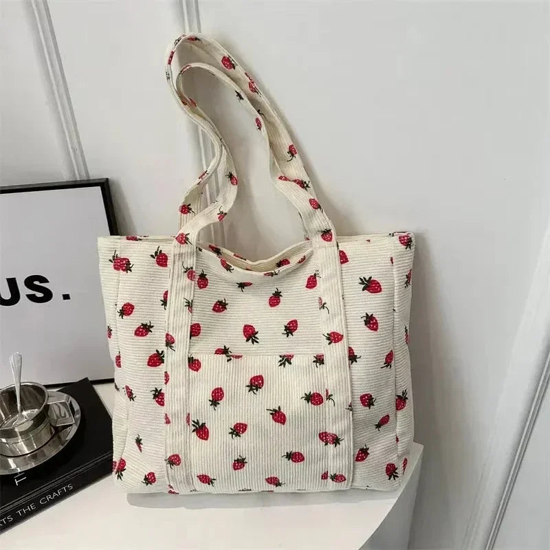 Women Corduroy Shoulder Tote Bag Strawberry Print Large Capacity Commuter Handbag