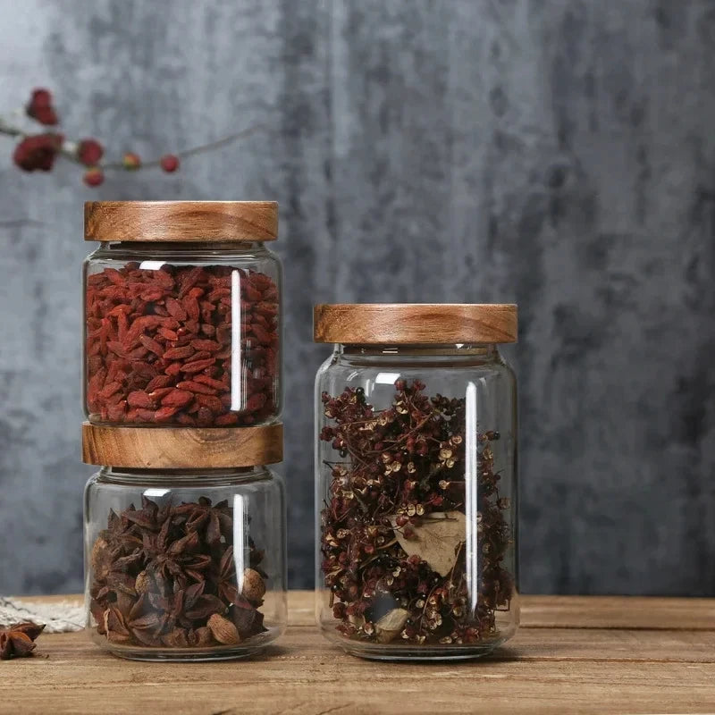 Glass Airtight Food Storage Jar with Wooden Lid Kitchen Canister
