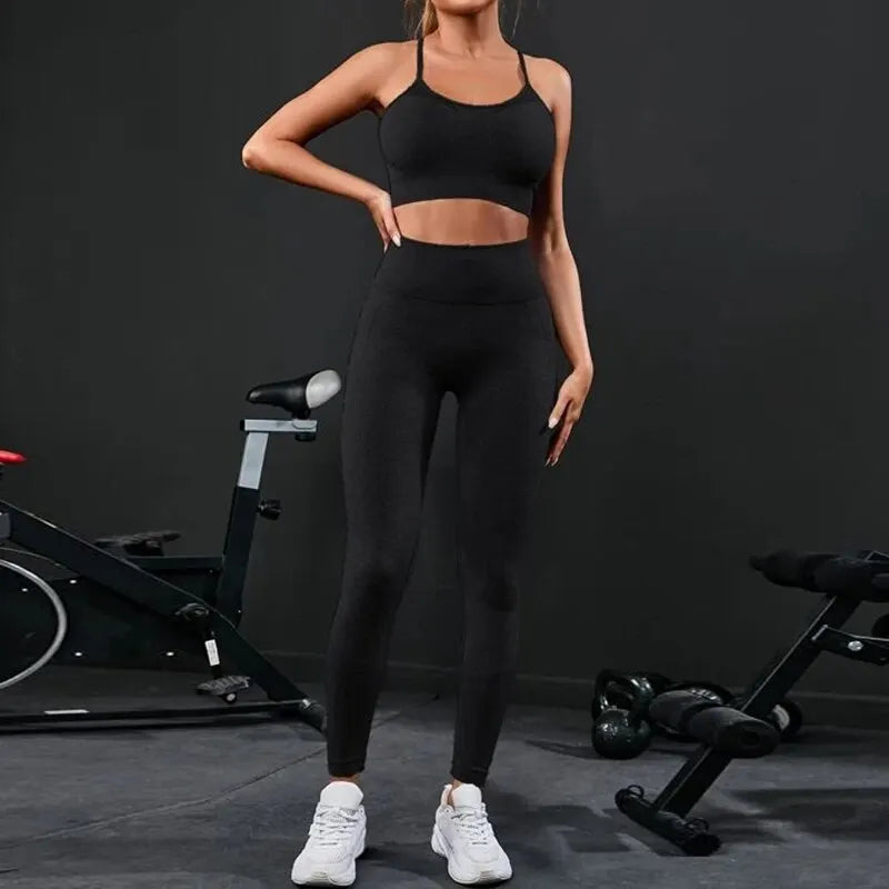 Women Seamless Gym Set High Waist Leggings & Sports Bra Workout Outfit
