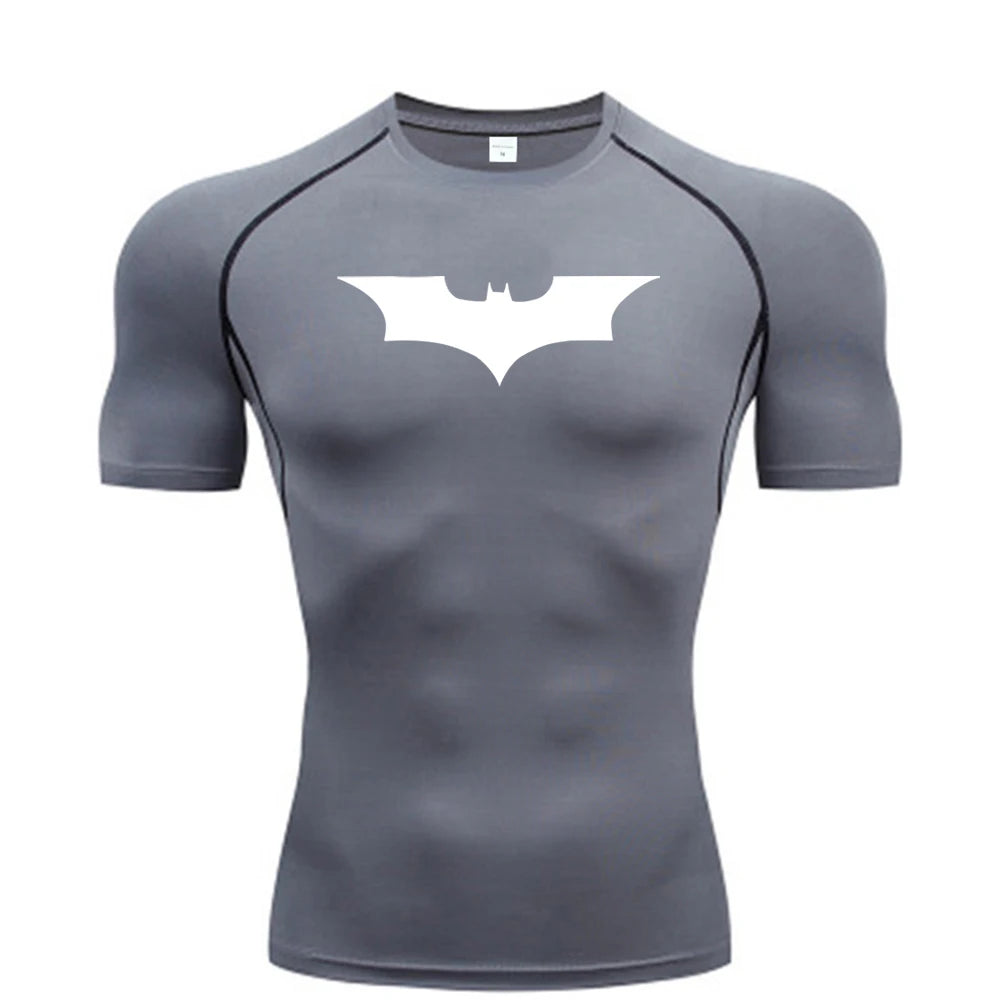 Men Bat Print Compression T Shirt Short Sleeve Gym Running Fitness Tee