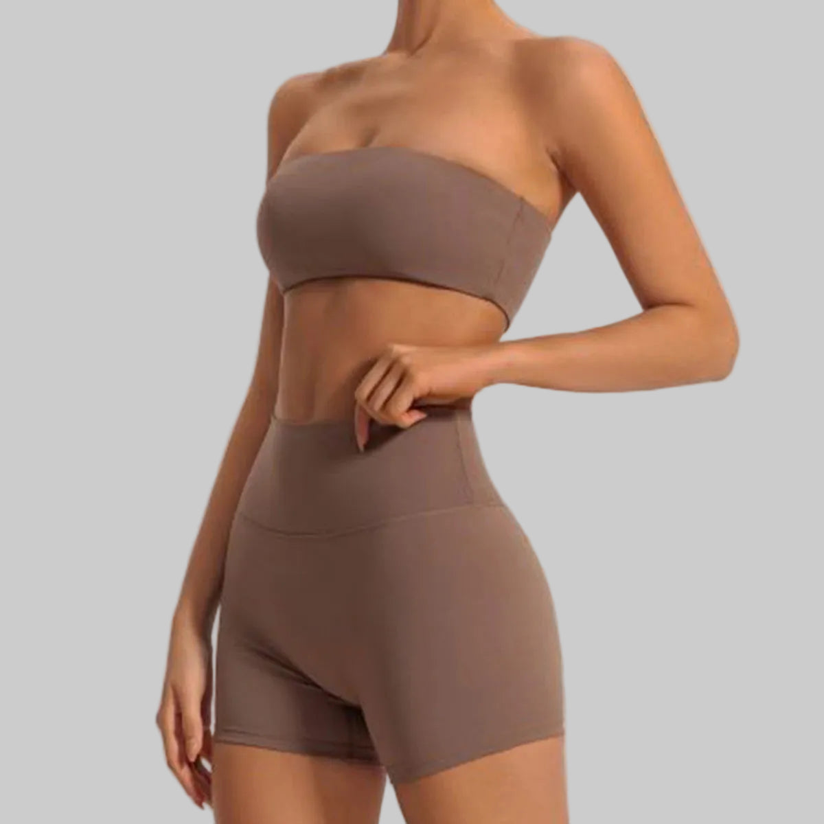 Strapless Gym Set Women Seamless Bandeau Sports Bra High Waist Shorts Workout Outfit
