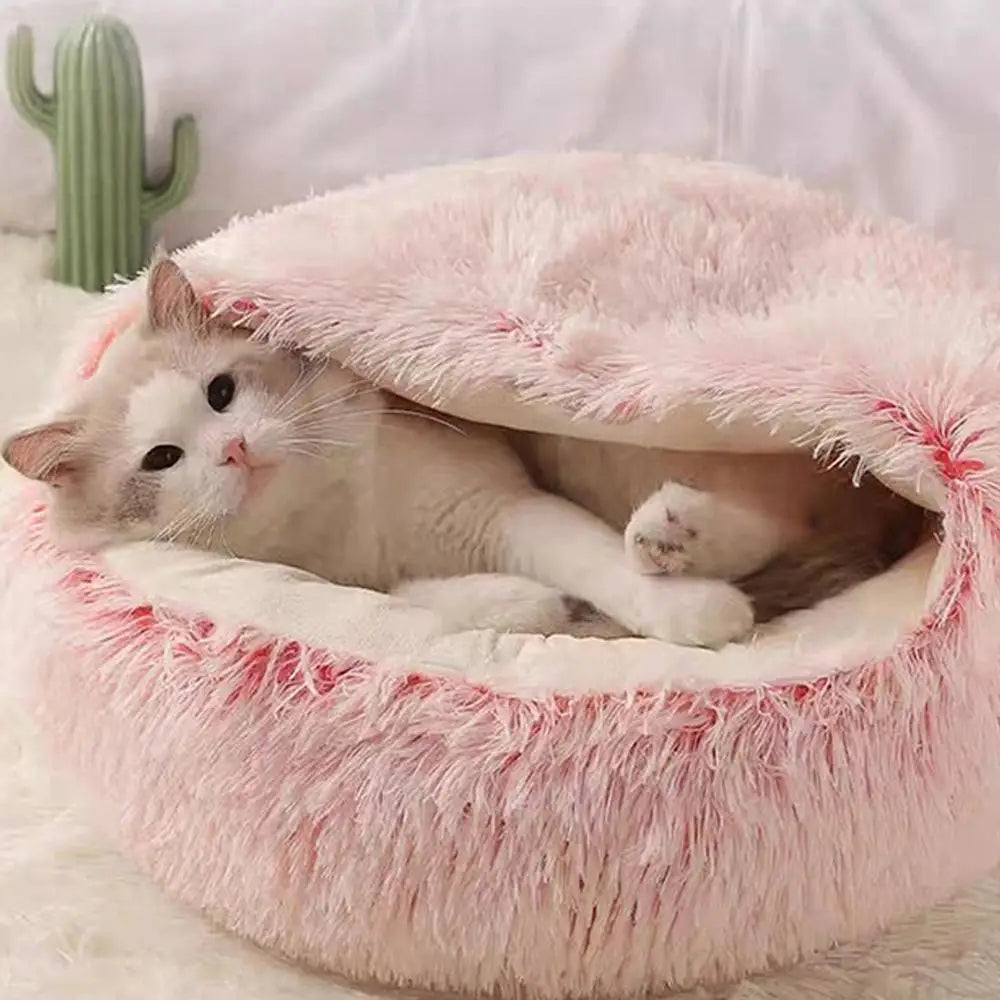 Winter Plush Round Cat Bed Warm 2 in 1 Sleeping Nest