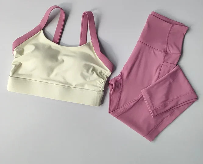 Women’s Color Block Cross Back Sports Bra and High Waist Yoga Leggings Set