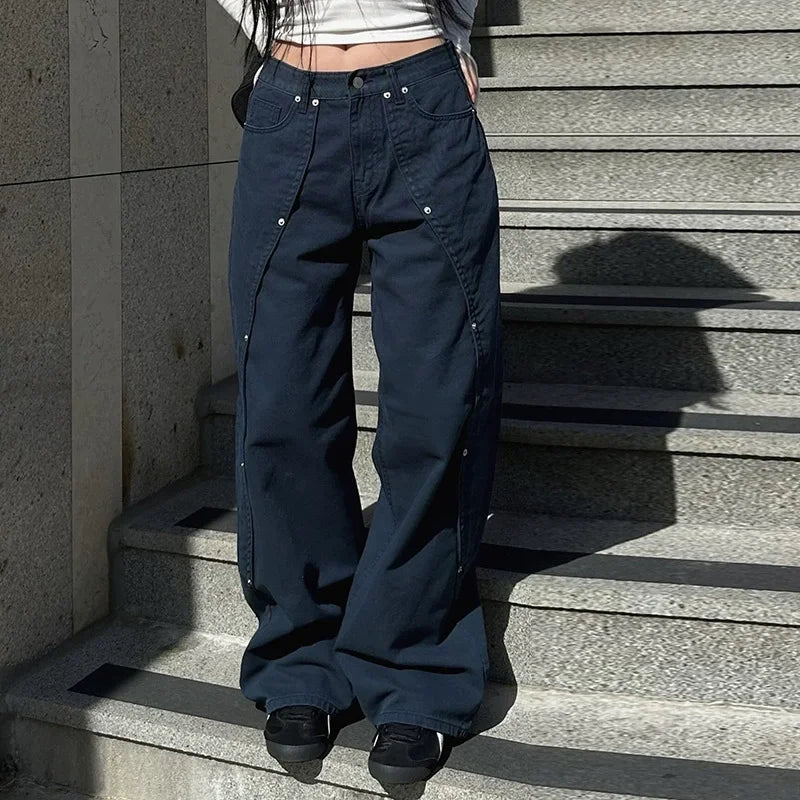Women Y2K Low Rise Bootcut Flare Jeans Black Striped Denim Streetwear Pants