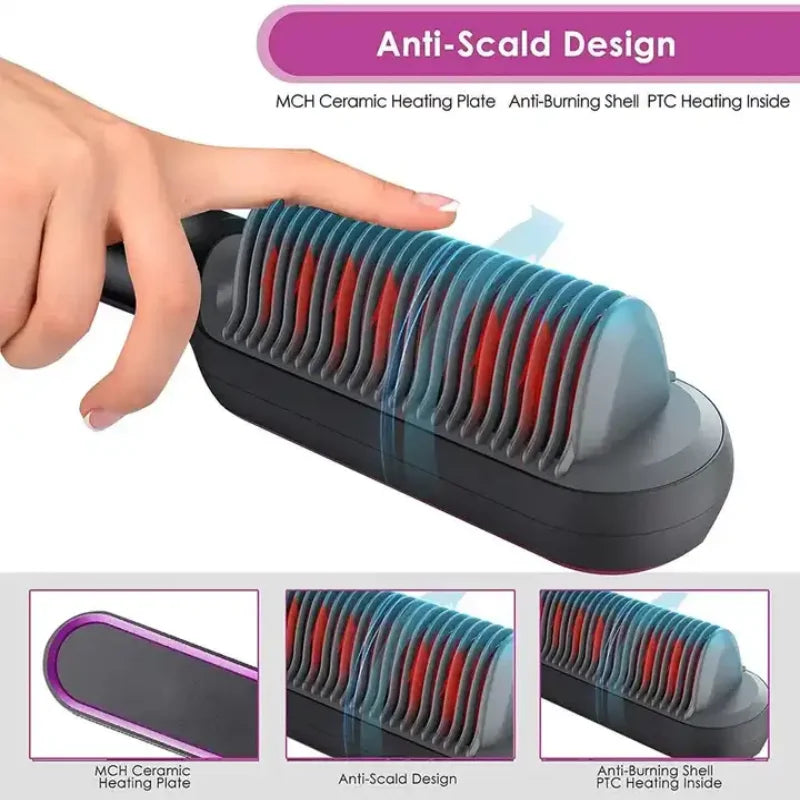 Electric PTC Heating Brush 3-in-1 Hair Dryer Straightener Curler Ceramic Flat Iron Comb