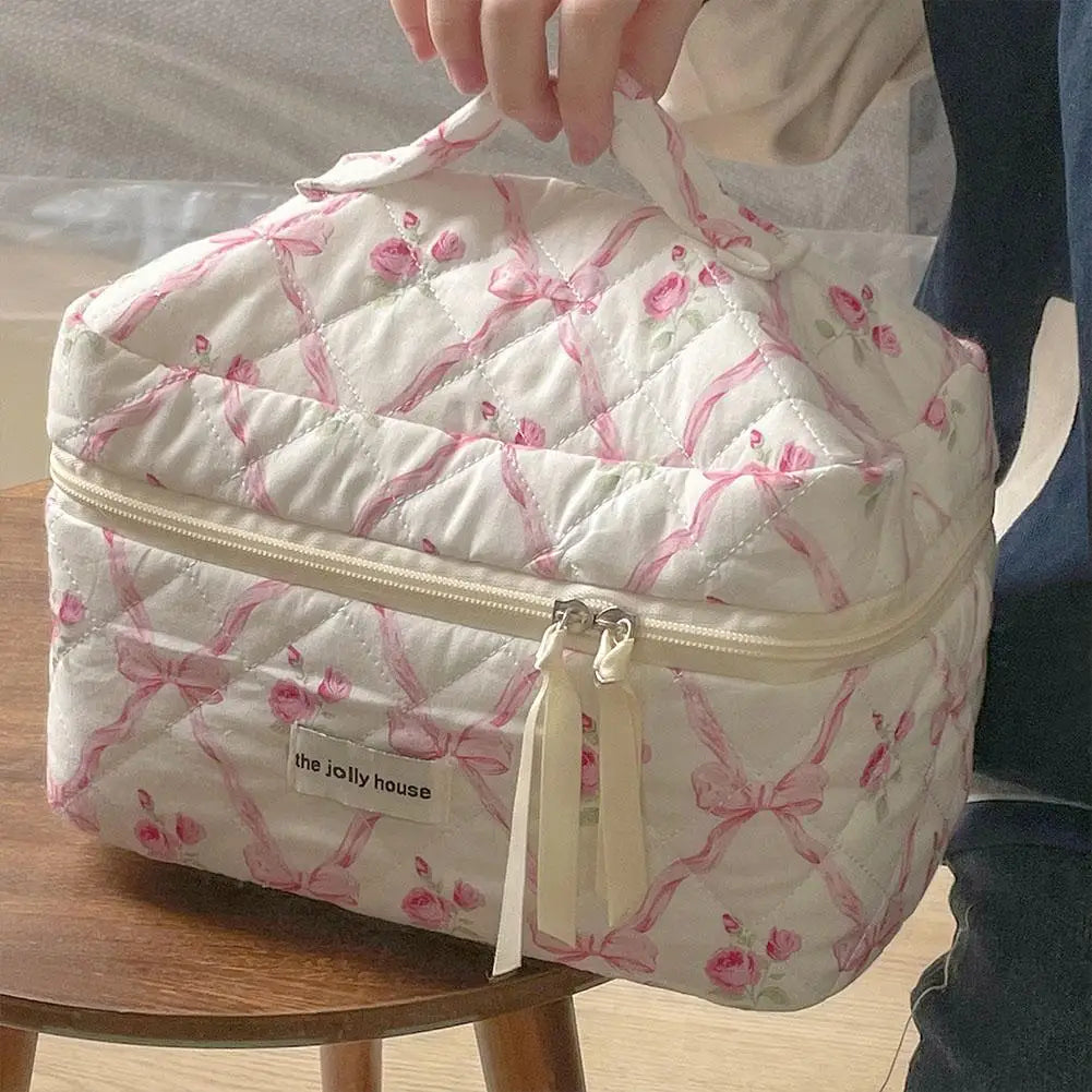 Women Quilted Makeup Bag Cute Bow Flower Zipper Cosmetic Organizer Toiletry Case