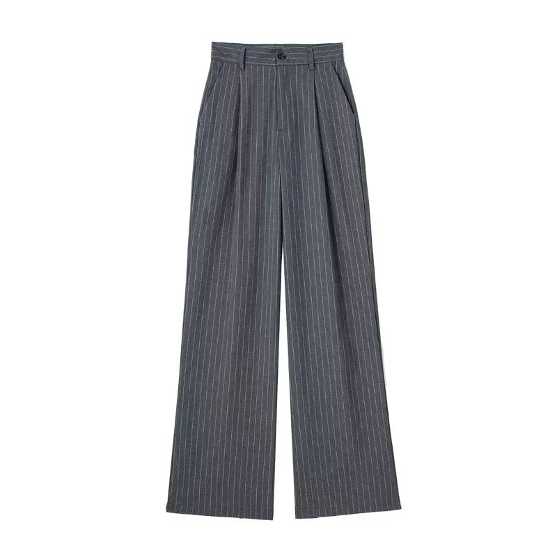 Women High Waist Striped Wide Leg Suit Pants Office Casual Trousers
