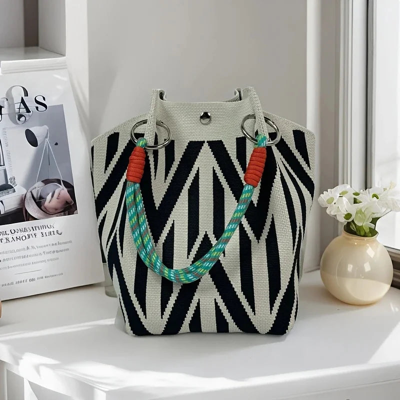 Women Vintage Floral Knit Tote Bag Adjustable Strap