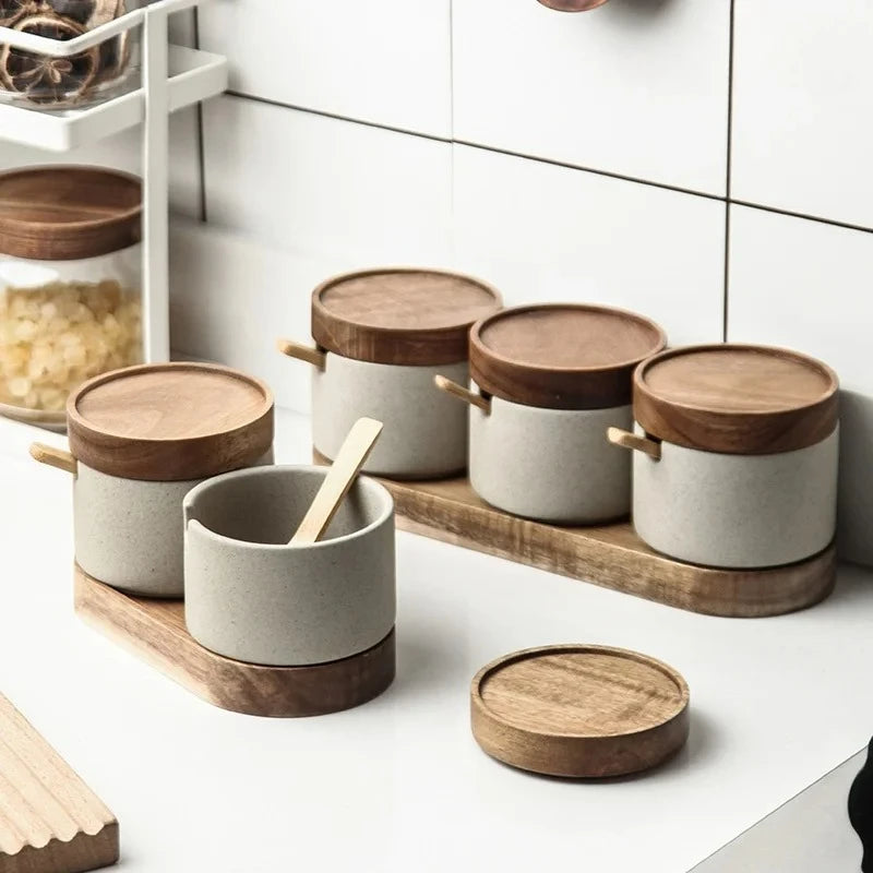 Ceramic Seasoning Jar with Bamboo Lid Spoon Japanese Spice Container Kitchen Storage