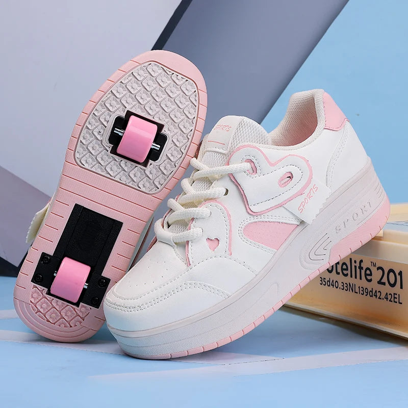 Girls Retractable Two Wheel Roller Skate Shoes Lace Up Breathable Outdoor Sneakers