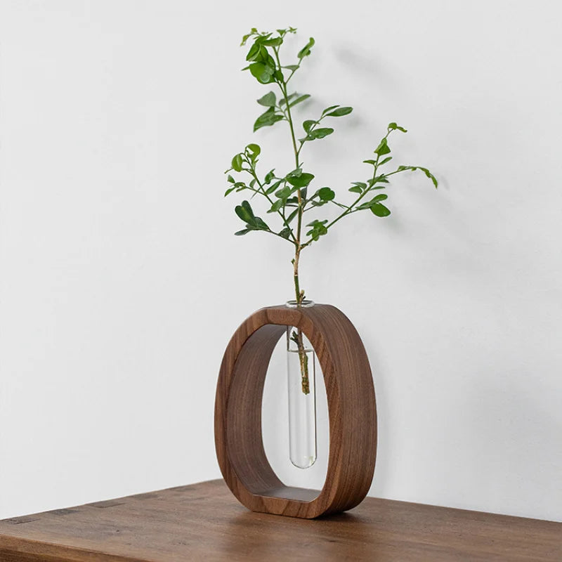 Solid Wood Flower Vase Glass Insert Mini Hydroponic Plant Holder Decor
