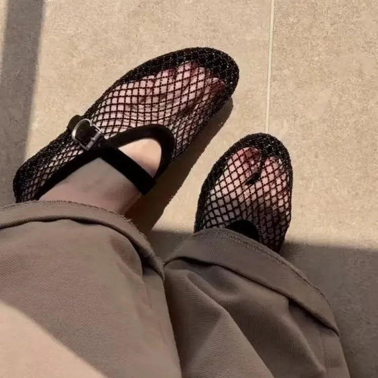 Women Fishnet Rhinestone Ballet Flats Hollow Strap Mary Jane Shoes 2026