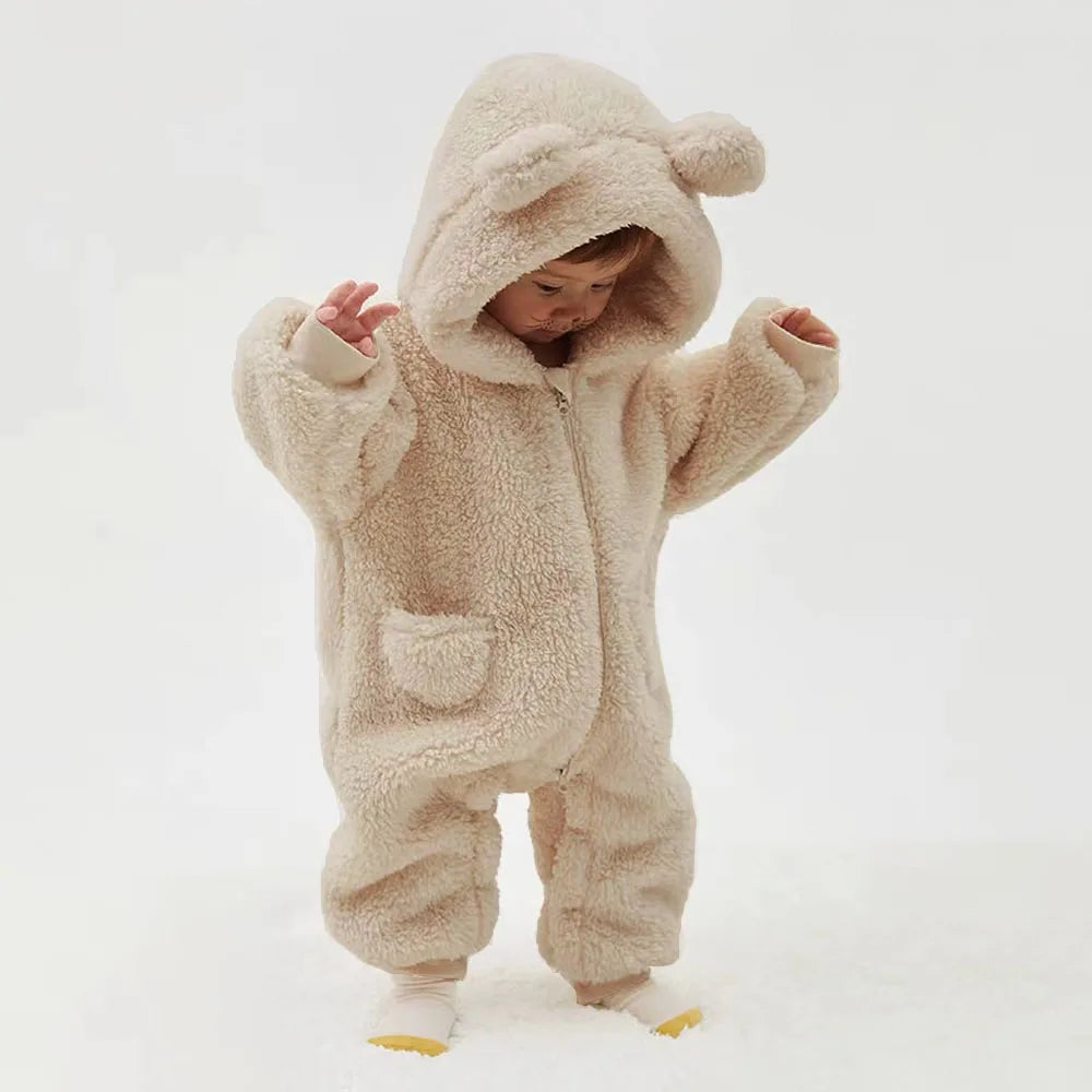 Baby Fleece Hooded Romper Warm Infant Jumpsuit