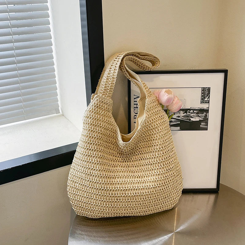 Woven Rattan Shoulder Bag Large Capacity Summer Straw Tote for Women