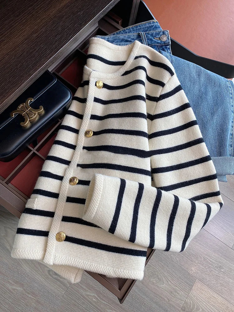Women Striped Knit Cardigan Crop Top O Neck Long Sleeve Casual Sweater Jacket