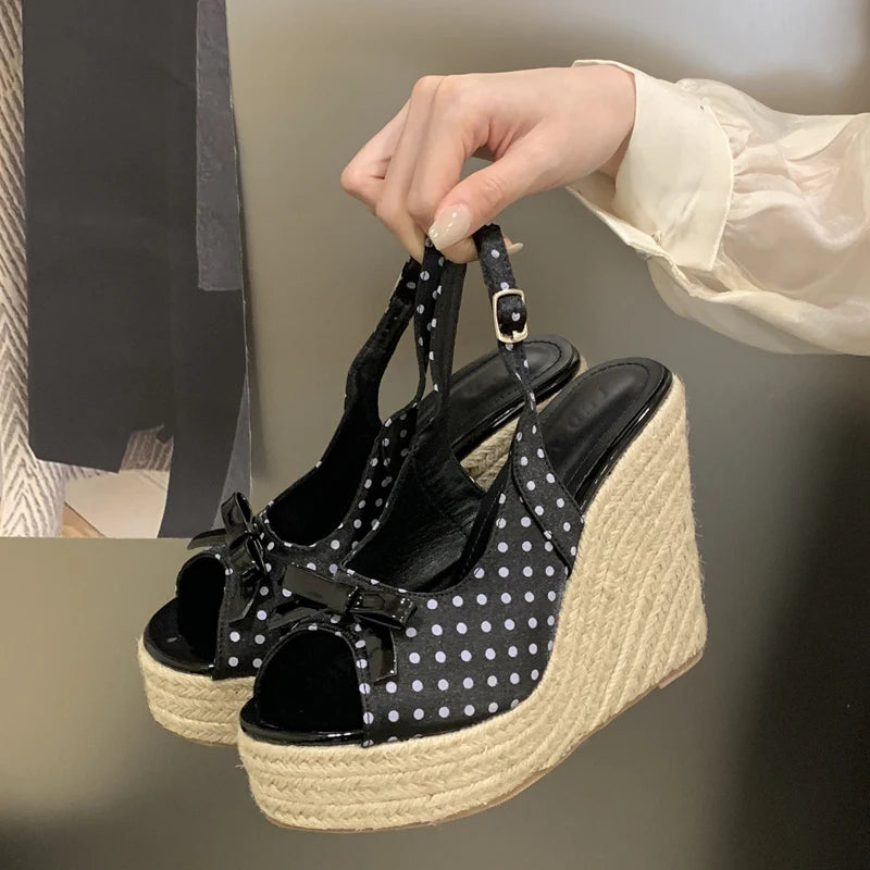 Women Woven Platform Wedge Sandals Thick Sole Roman Style Casual Summer Heels