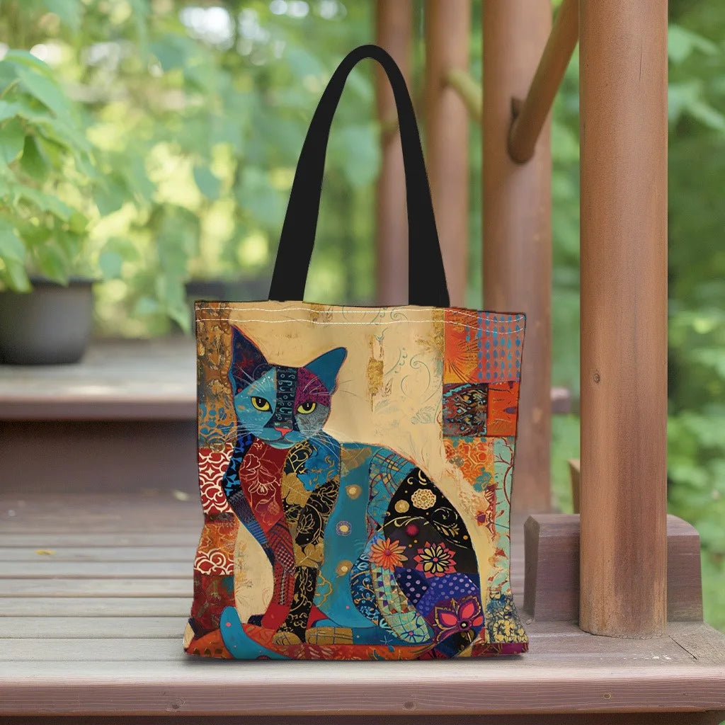 Floral Cat Canvas Tote Bag Aesthetic Lightweight School Shoulder Grocery Bag