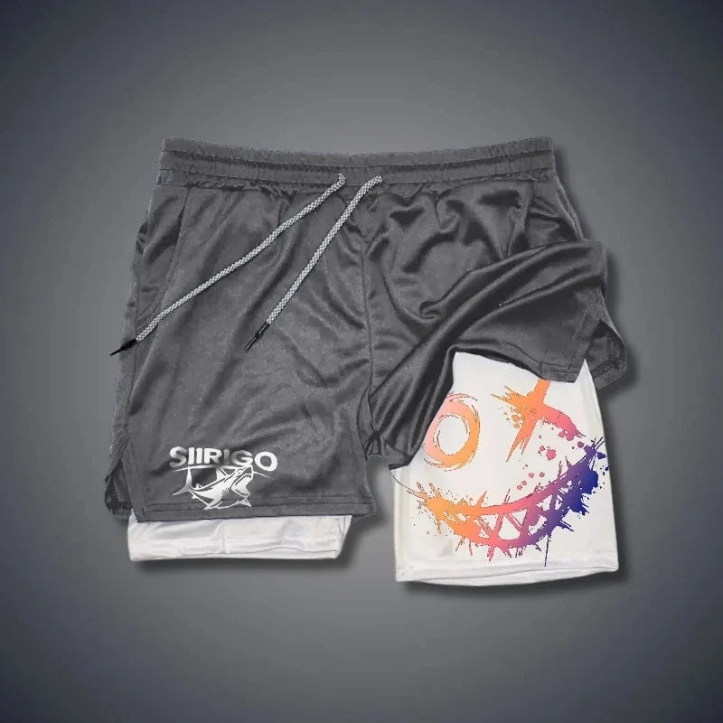 Men 2-in-1 Smiley Print Running Shorts Quick Dry Double Layer Fitness Training Sports Shorts