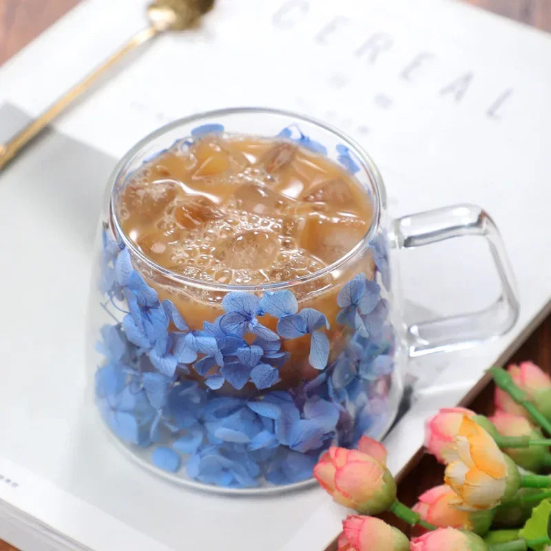200ml Double Wall Flower Glass Mug with Handle for Coffee and Milk Tea