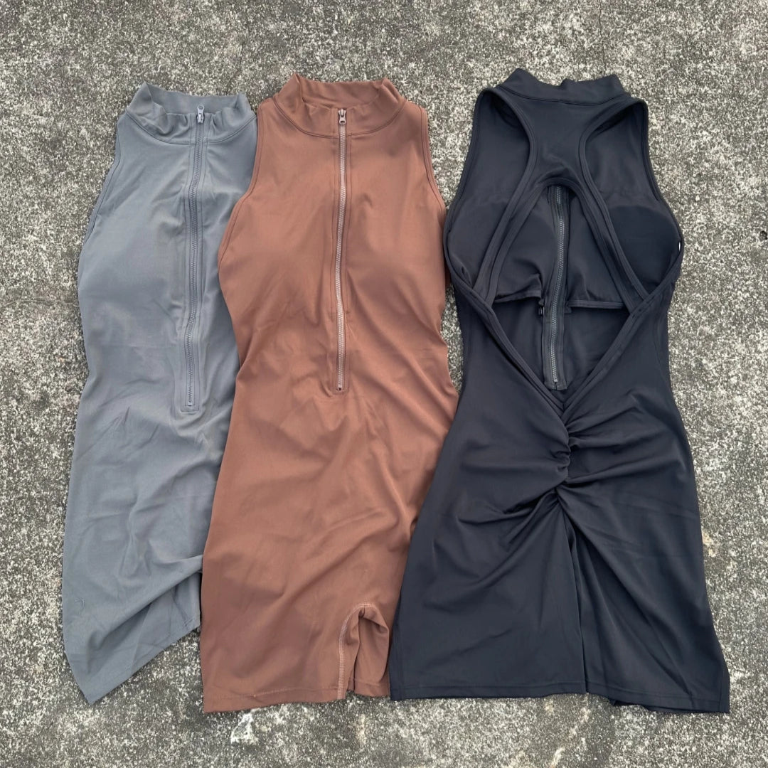 Women Scrunch Back Yoga Jumpsuit Shorts Set Zipper Fitness Sportswear One Piece Outfit