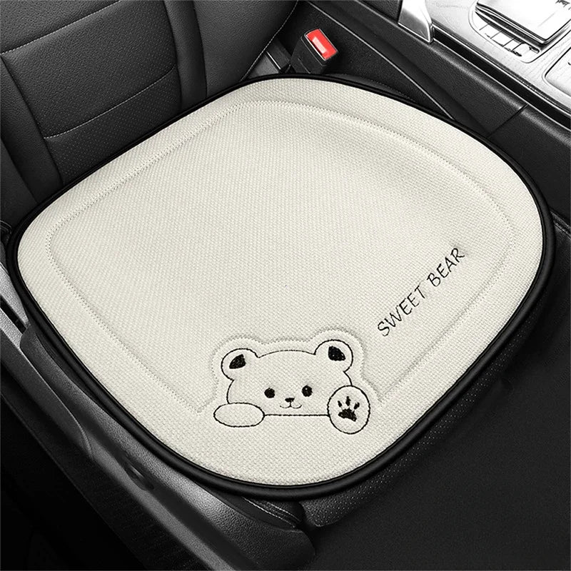 Cute Bear Car Seat Cushion Breathable Anti Slip Linen Seat Cover Universal