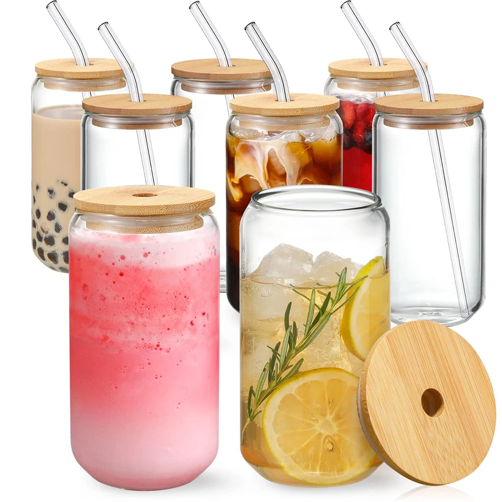 Glass Cup with Bamboo Lid and Straw 350ml 550ml