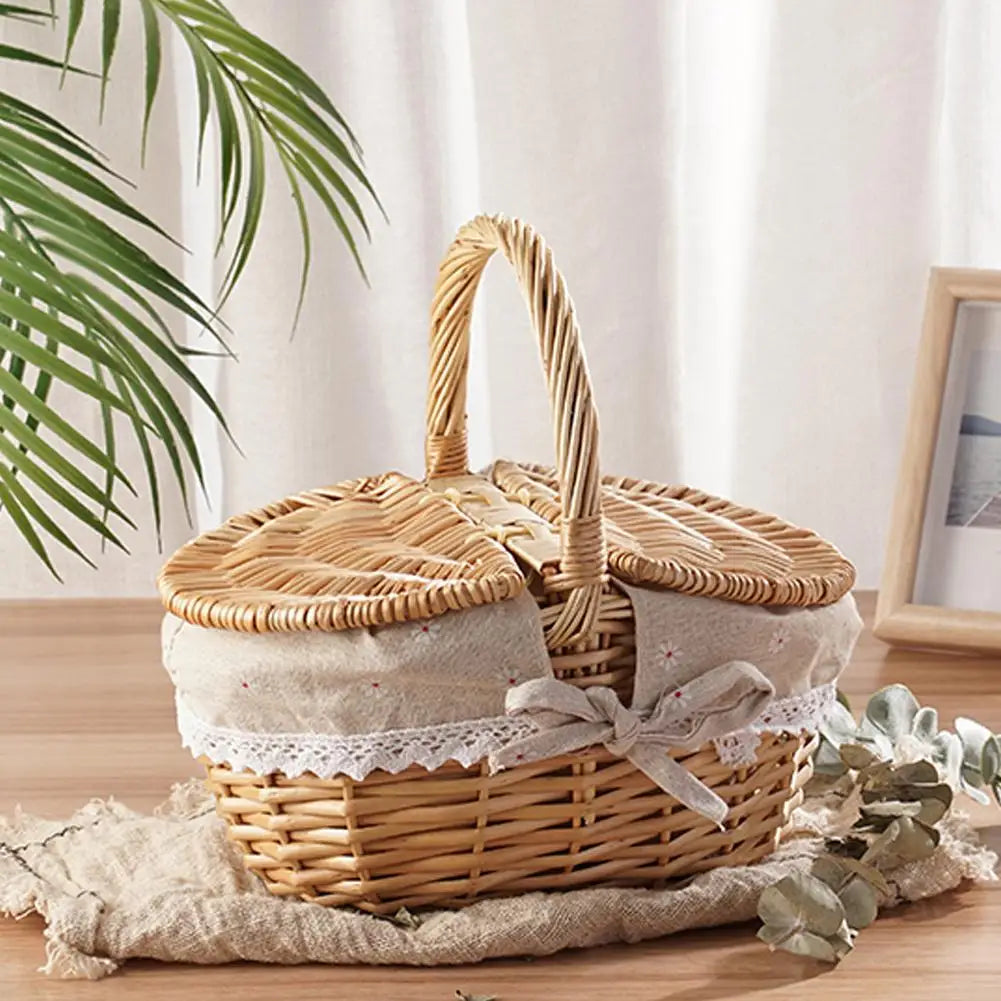 Handmade Wicker Picnic Basket with Handle Willow Storage Hamper Camping Fruit Basket