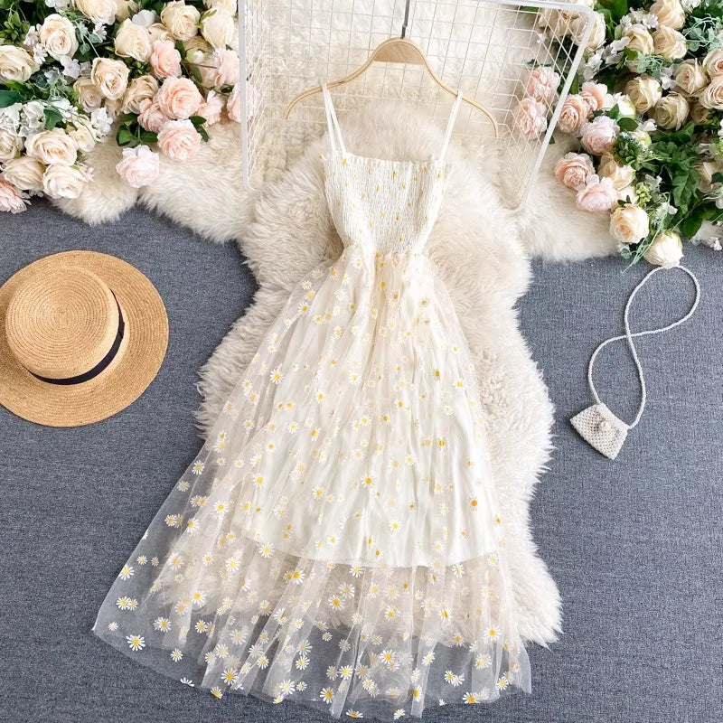 Women Floral Mesh Dress Spaghetti Strap Party Beach Vacation Dress 2026