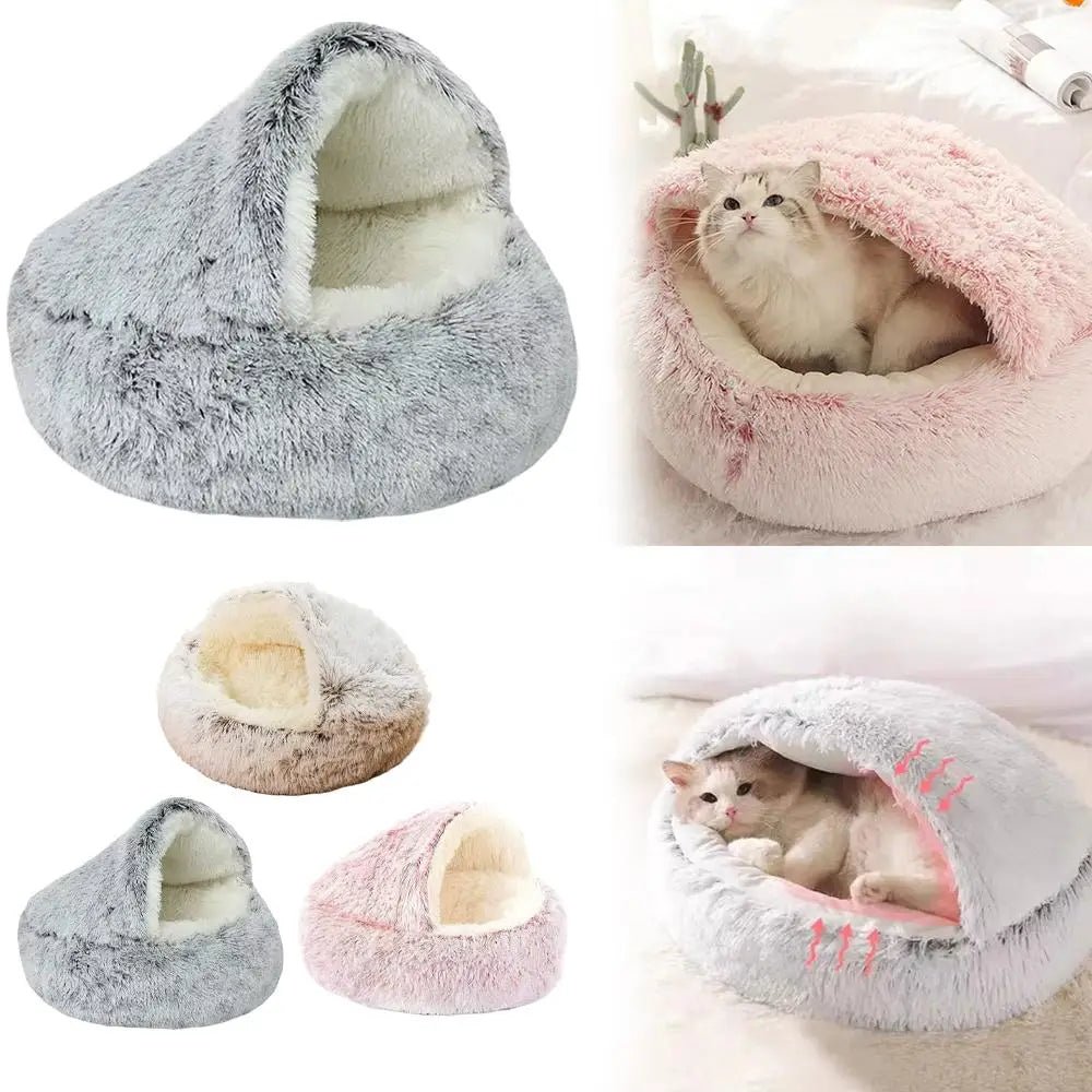 Winter Plush Round Cat Bed Warm 2 in 1 Sleeping Nest