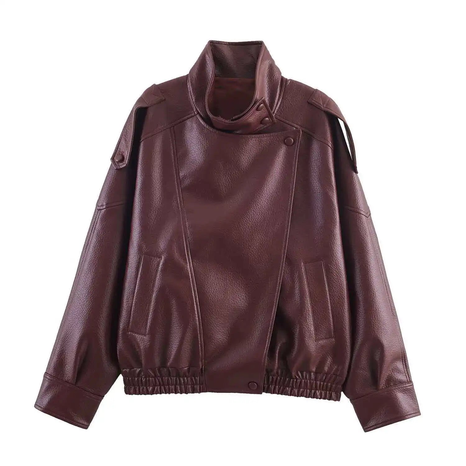 Women Black Faux Leather Jacket Oversized Long Sleeve Button Up Streetwear Coat