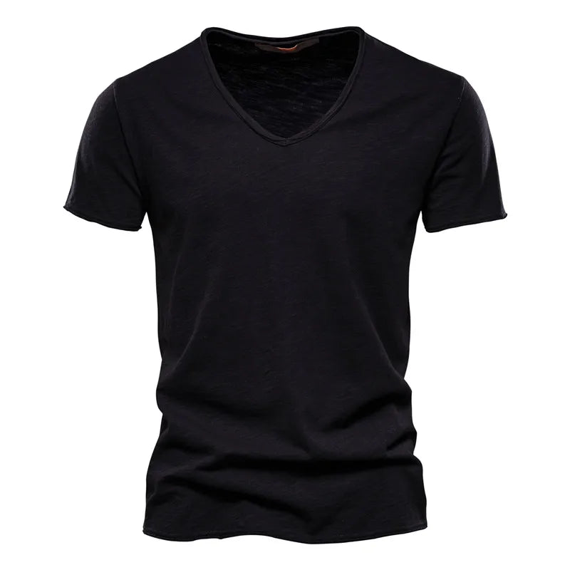 Men Cotton V-Neck Slim Fit T Shirt Short Sleeve Fashion Basic Tee